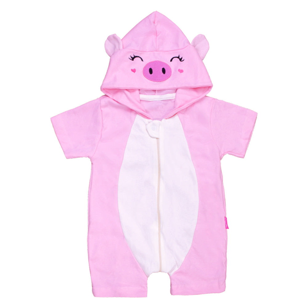 Macacão Infantil Curto Com Capuz Bordado Porquinha Rosa