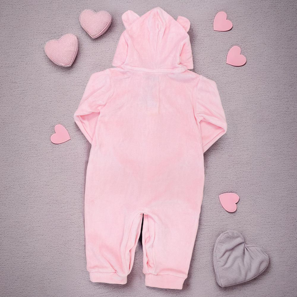 Macacão Longo para Bebê em Plush com Capuz Bordado Pig Rosa Claro