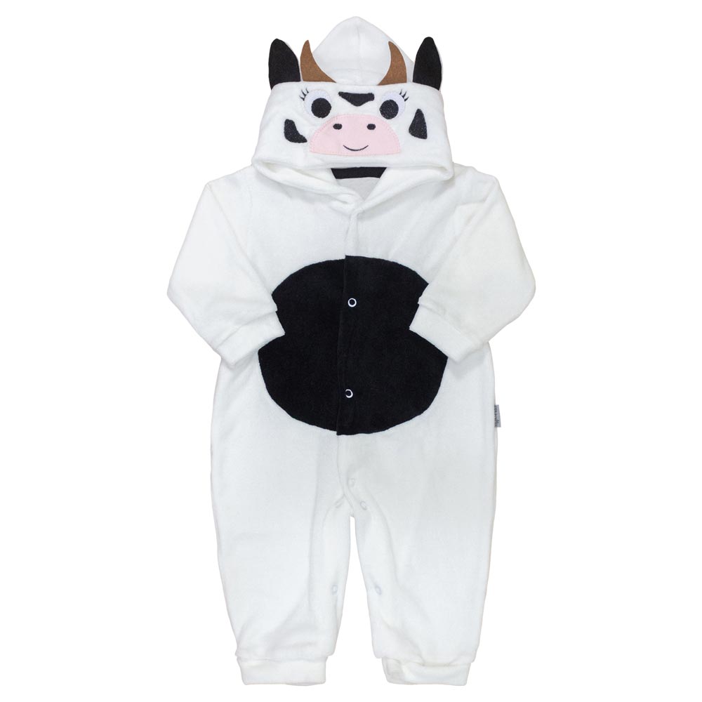 Macacão Longo para Bebê em Plush com Capuz Bordado Vaquinha Creme