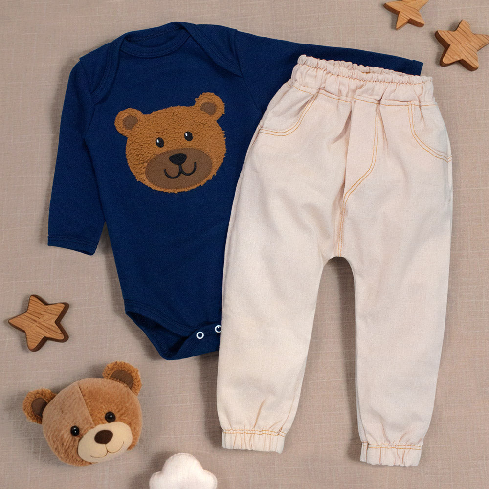Conjunto Bebê Body Bordado Urso Marinho Com Calça Ecolinho