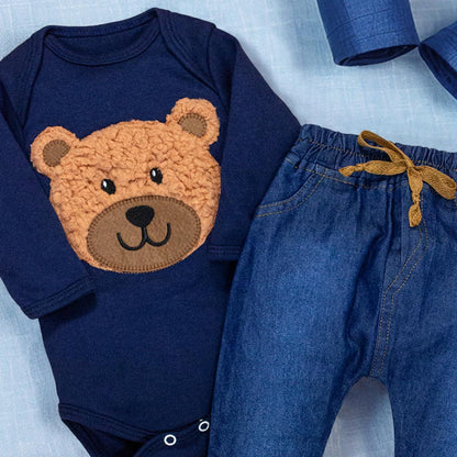 Conjunto Para Bebê Body E Calça Jeans Bordado Urso Marinho