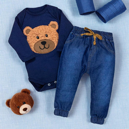 Conjunto Para Bebê Body E Calça Jeans Bordado Urso Marinho