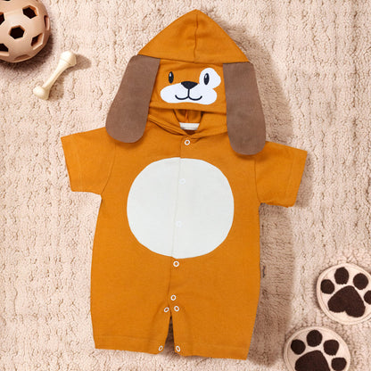 Macacão Curto Bebê em Algodão Suedine com Capuz Bordado Cão Caramelo