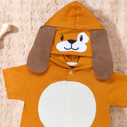 Macacão Curto Bebê em Algodão Suedine com Capuz Bordado Cão Caramelo