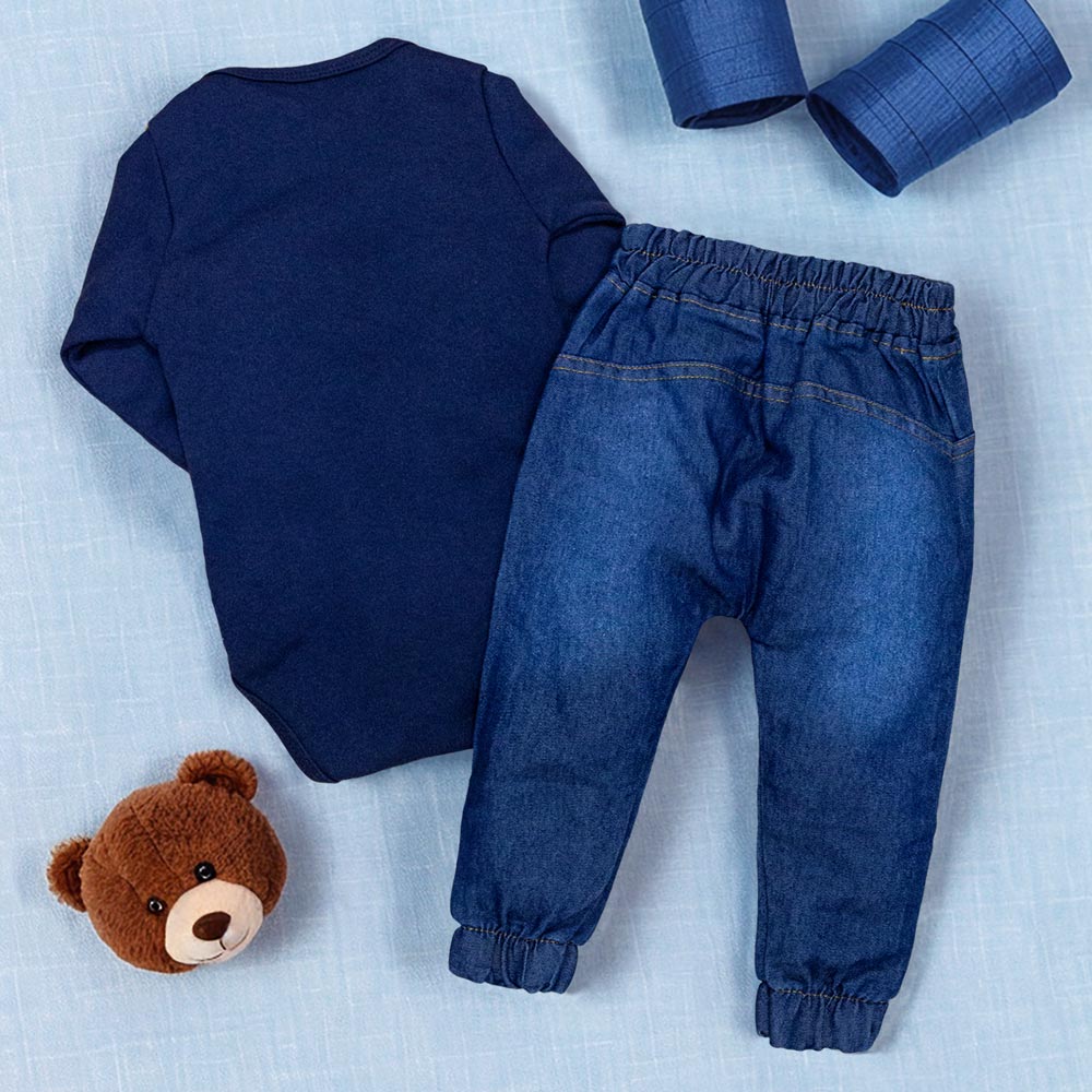 Conjunto Para Bebê Body E Calça Jeans Bordado Urso Marinho