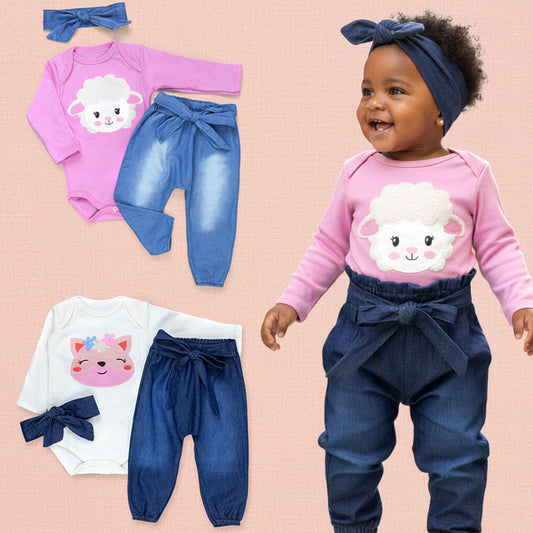 Conjunto Para Bebê Body E Calça Jeans Bordado 3d Raposa