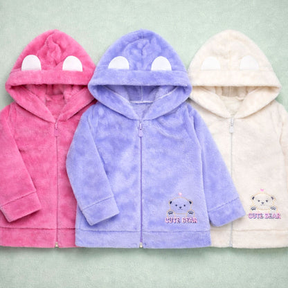Blusa Fleece Aveludado Para Bebê Menina Com Capuz Orelinha