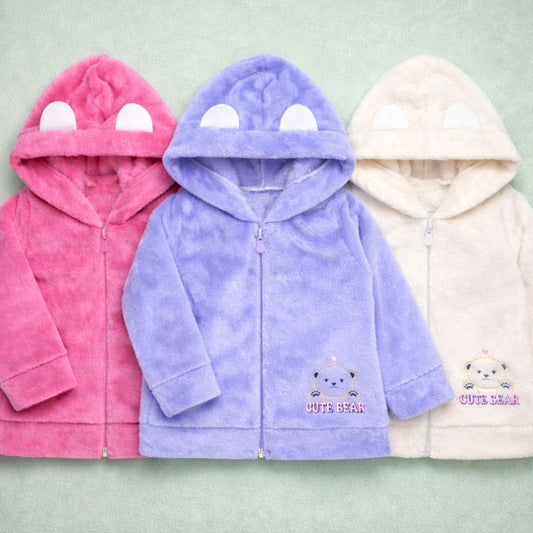 Blusa Fleece Aveludado Para Bebê Menina Com Capuz Orelinha