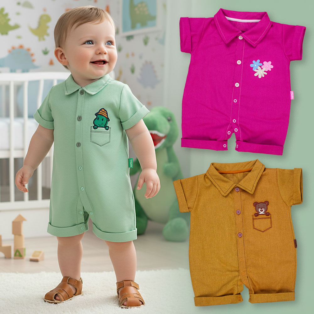 Macacão Camisa Curto em Ecolinho Elegance para Bebê