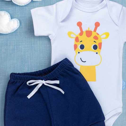 Conjunto Bebê Girafinha Azul Marinho Para Até 12 Meses