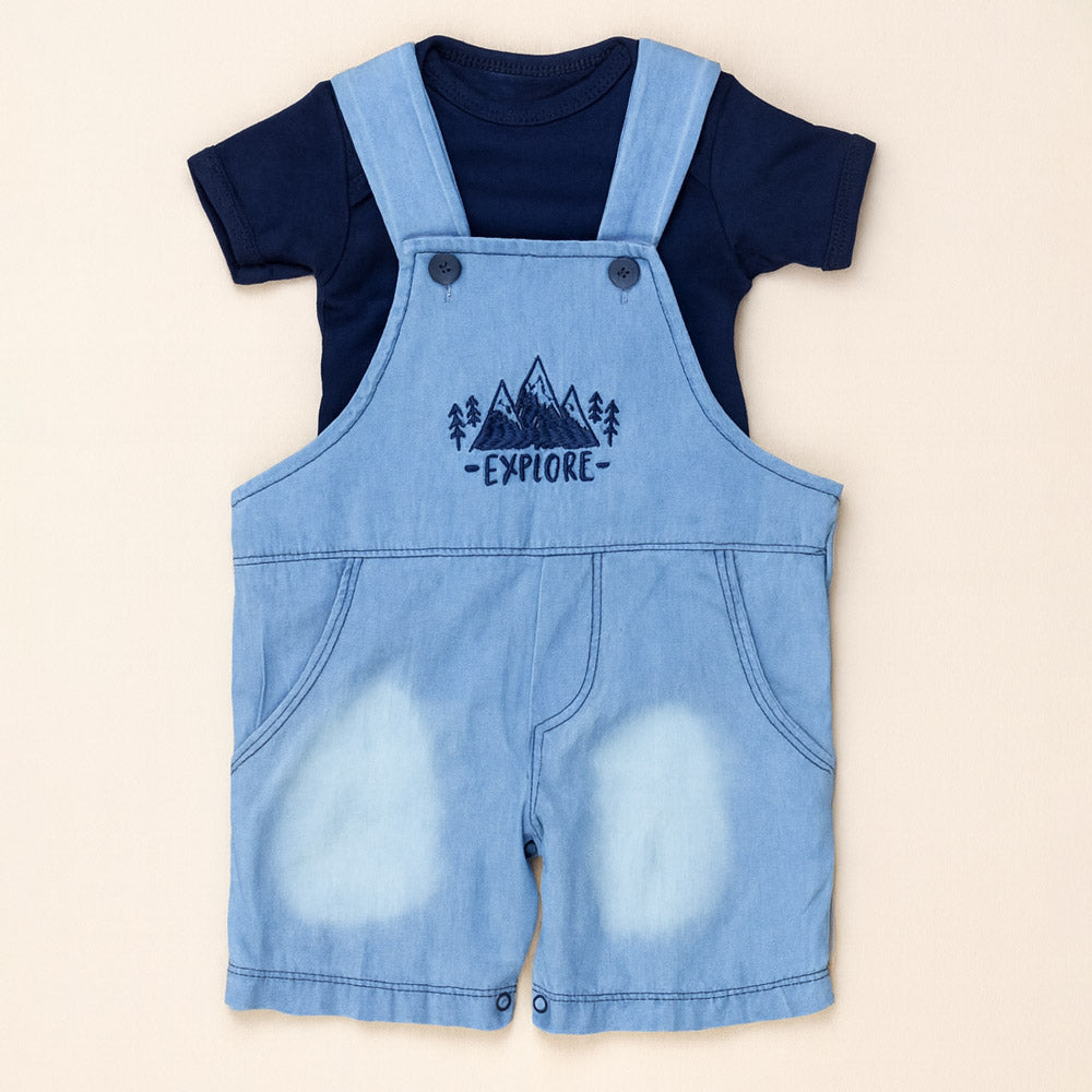 Jardineira Jeans Baby Bordada Com Body Para Aventuras De Verão