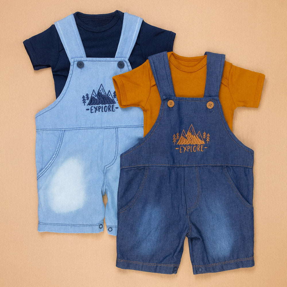 Jardineira Jeans Baby Bordada Com Body Para Aventuras De Verão