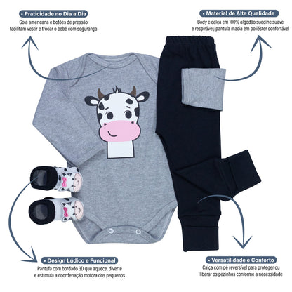 Conjunto Bebê Completo Body Manga Longa, Calça Pé Reversível E Pantufa