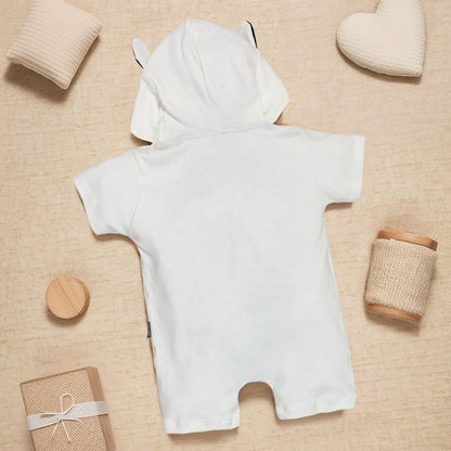 Macacão Curto para Bebê 100% Algodão com Capuz Bordado Bichinho