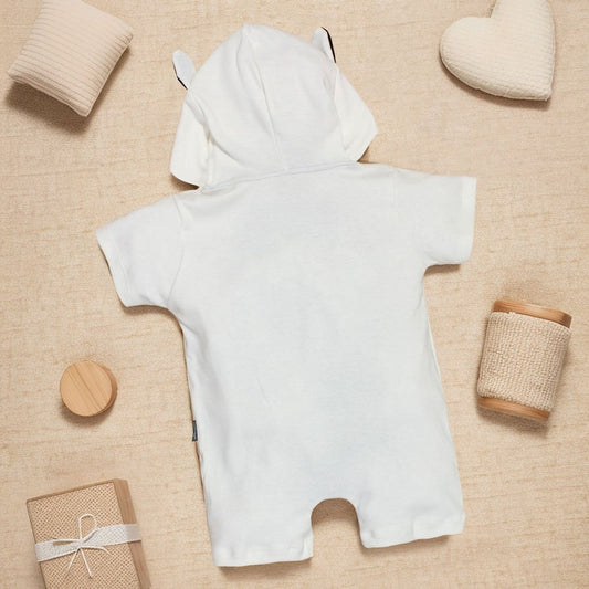 Macacão Curto para Bebê 100% Algodão com Capuz Bordado Bichinho