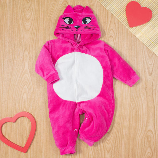 Macacão Longo para Bebê em Plush Quentinho com Capuz Bordado e Orelhinhas