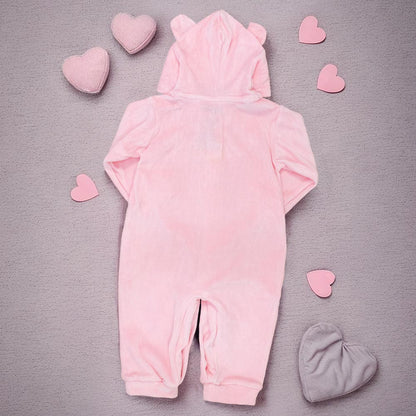 Macacão Longo para Bebê em Plush com Capuz Bordado Pig Rosa Claro