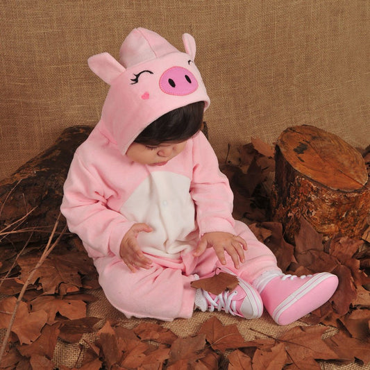 Macacão Longo para Bebê em Plush com Capuz Bordado Pig Rosa Claro