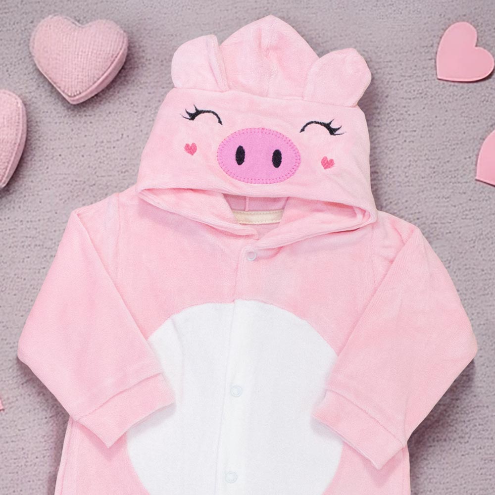 Macacão Longo para Bebê em Plush com Capuz Bordado Pig Rosa Claro