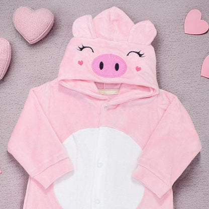 Macacão Longo para Bebê em Plush com Capuz Bordado Pig Rosa Claro