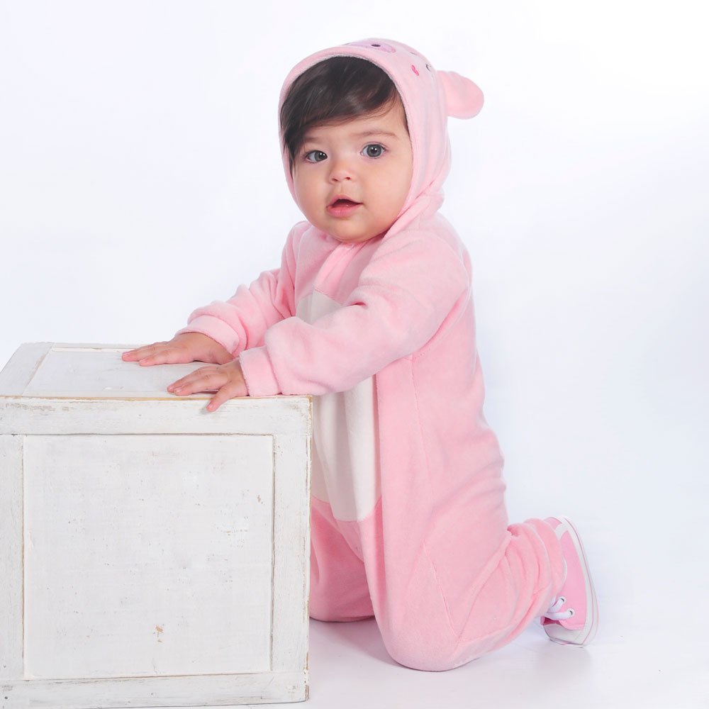 Macacão Longo para Bebê em Plush com Capuz Bordado Pig Rosa Claro