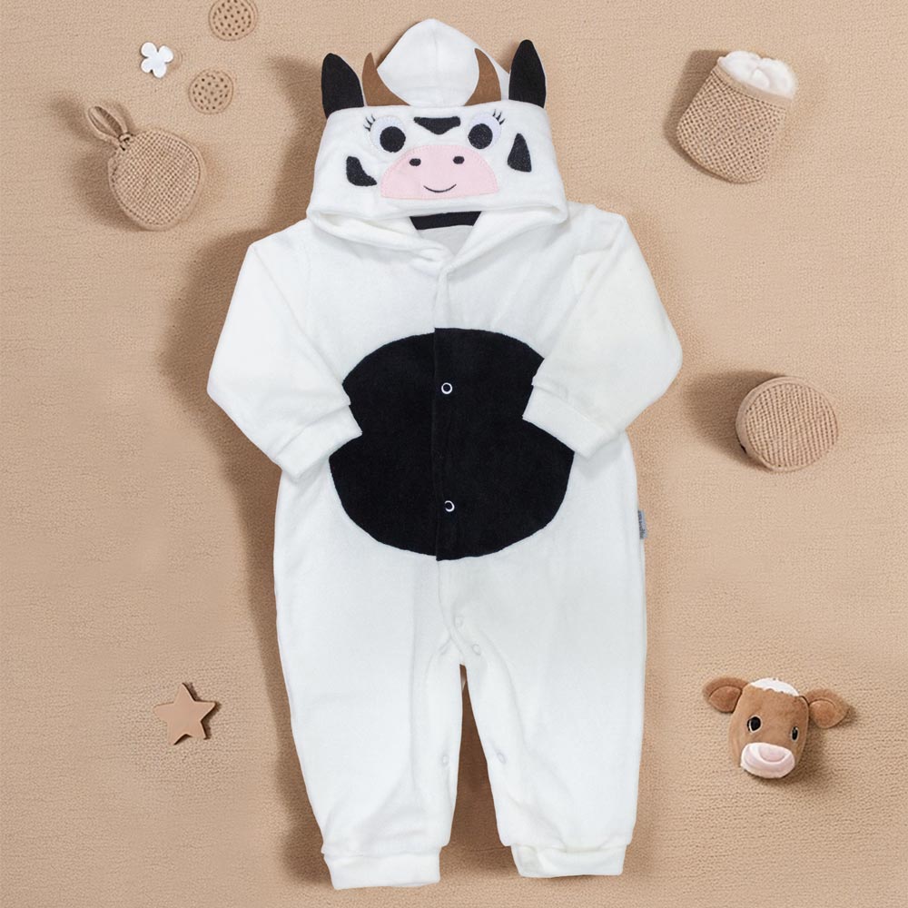 Macacão Longo para Bebê em Plush com Capuz Bordado Vaquinha Creme