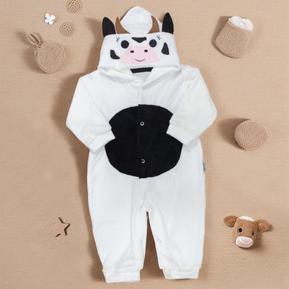 Macacão Longo para Bebê em Plush com Capuz Bordado Vaquinha Creme