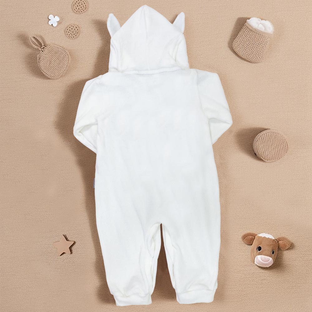 Macacão Longo para Bebê em Plush com Capuz Bordado Vaquinha Creme