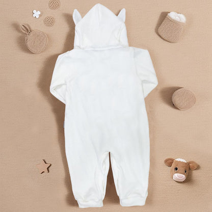 Macacão Longo para Bebê em Plush com Capuz Bordado Vaquinha Creme