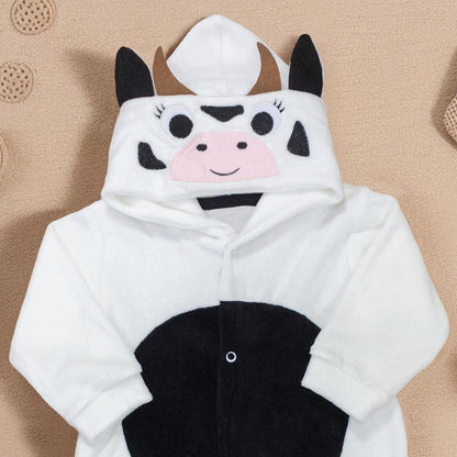Macacão Longo para Bebê em Plush com Capuz Bordado Vaquinha Creme