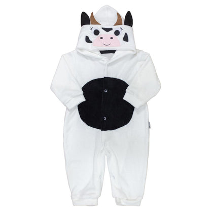 Macacão Longo para Bebê em Plush com Capuz Bordado Vaquinha Creme