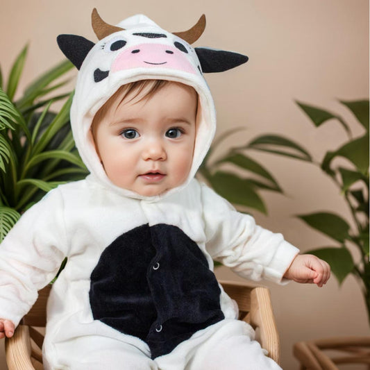 Macacão Longo para Bebê em Plush com Capuz Bordado Vaquinha Creme