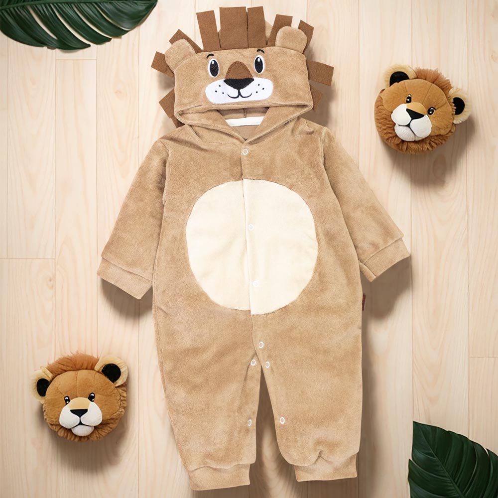 Macacão Bebê com Pantufas Capuz e Leão – Bege, 0 a 12 Meses