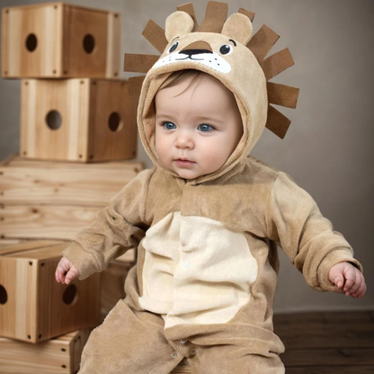 Macacão Bebê com Pantufas Capuz e Leão – Bege, 0 a 12 Meses