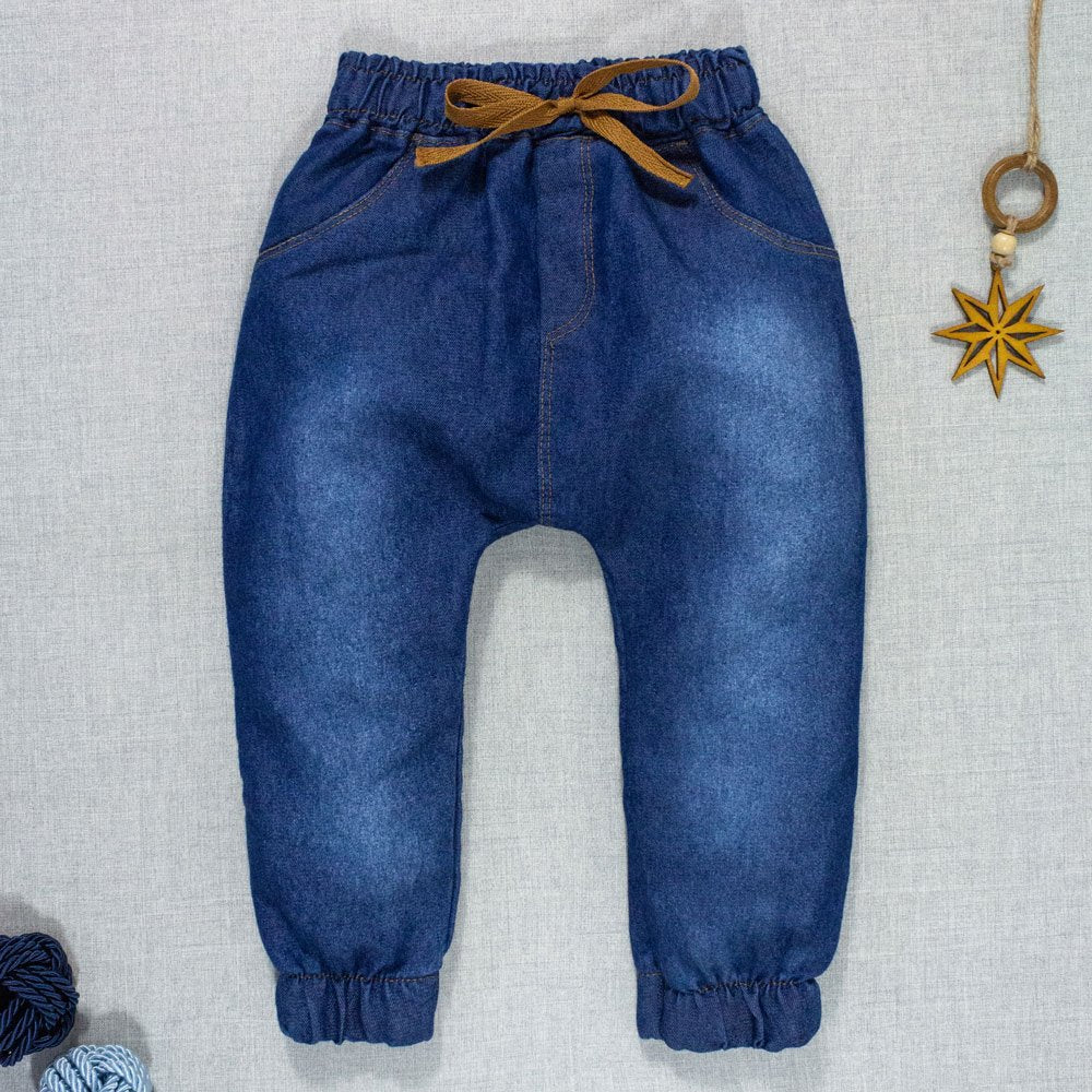Calça Para Bebê Jeans Escuro Jogger Com Cordão Marrom