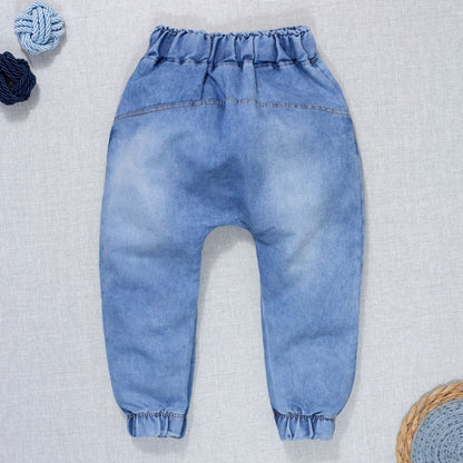 Calça Para Bebê Jeans Jogger Cordão Tracejado Azul Claro