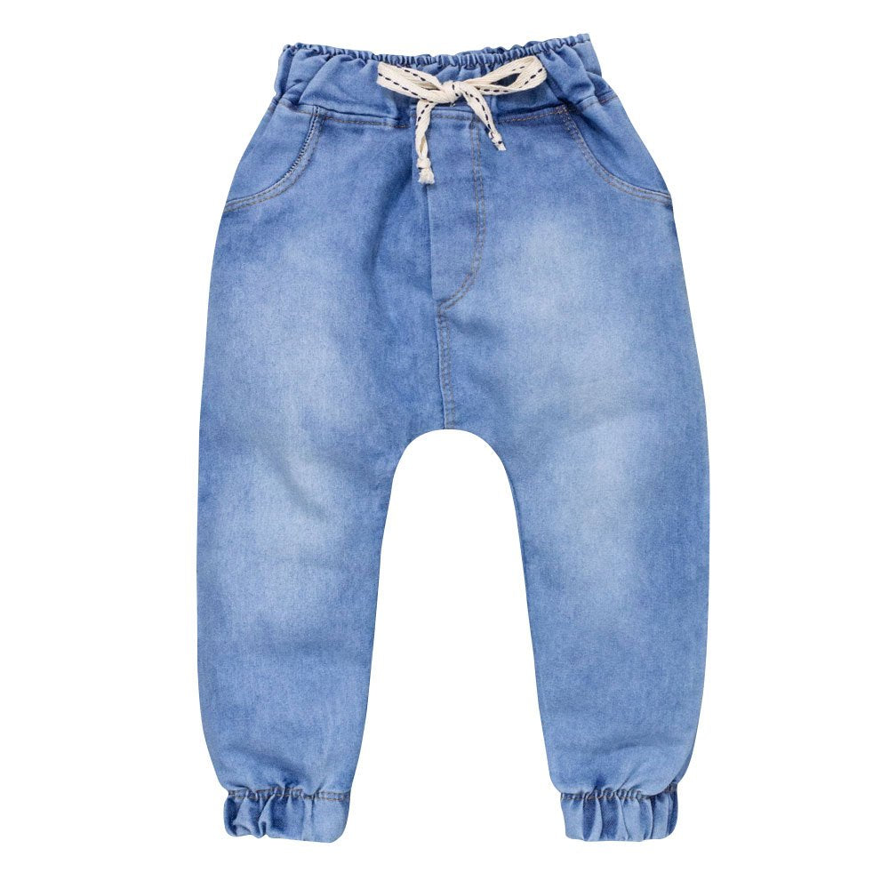 Calça Para Bebê Jeans Jogger Cordão Tracejado Azul Claro