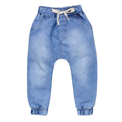 Calça Para Bebê Jeans Jogger Cordão Tracejado Azul Claro