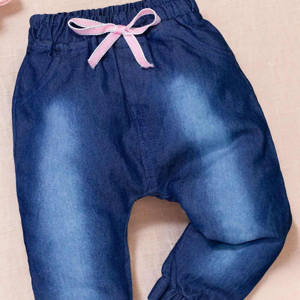 Calça Jeans Jogger Bebê Lavagem Escura E Cordão Rosa