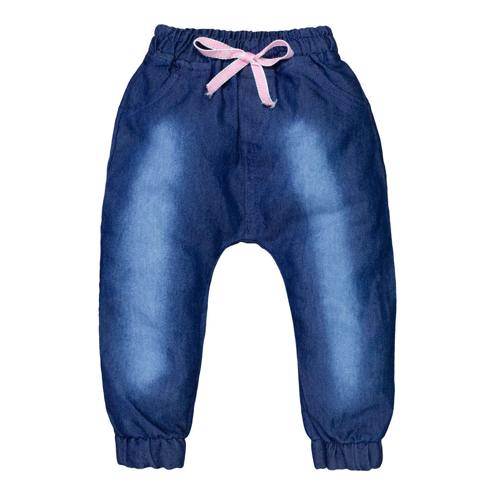 Calça Jeans Jogger Bebê Lavagem Escura E Cordão Rosa