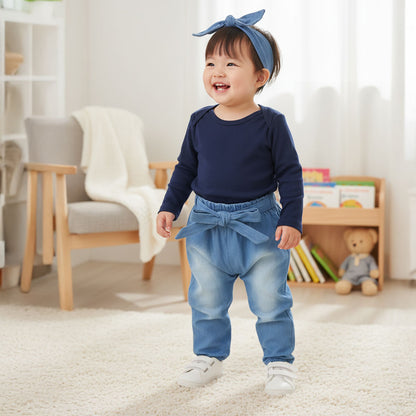 Conjunto Para Bebê Body E Calça Jeans Com Faixinha