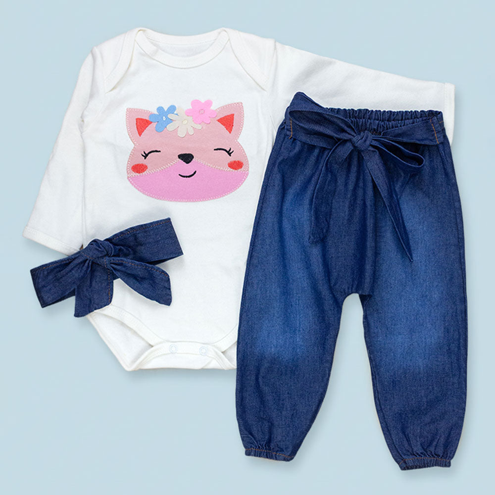 Conjunto Para Bebê Body E Calça Jeans Bordado 3d Raposa