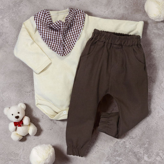 Conjunto Para Bebês Xadrezinho Marrom Suedine E Ecolinho