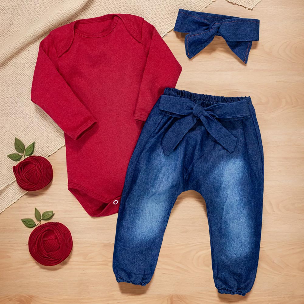 Conjunto Para Bebê Body E Calça Jeans Com Faixinha