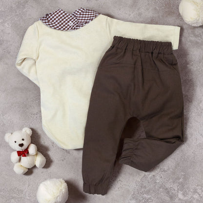 Conjunto Para Bebês Xadrezinho Marrom Suedine E Ecolinho