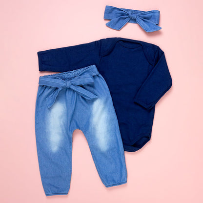 Conjunto Para Bebê Body E Calça Jeans Com Faixinha
