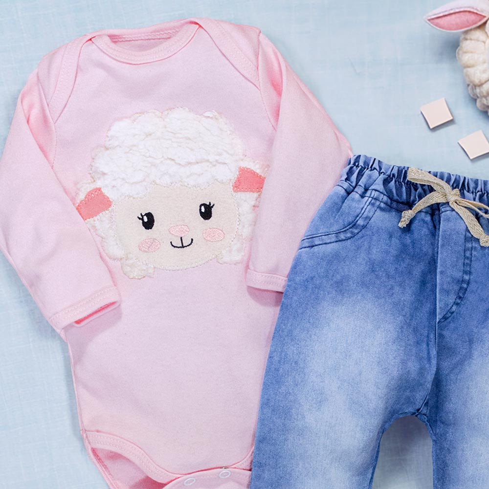 Conjunto Para Bebê Body E Calça Jeans Bordado Ovelha Rosa Claro