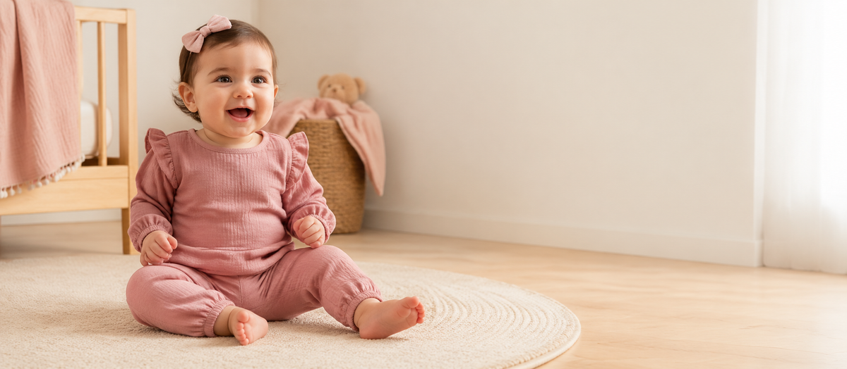 Bebê com roupa rosa delicada para coleção de 0 a 12 meses