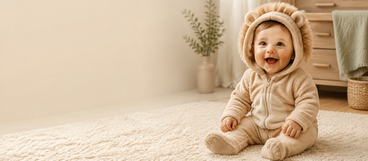 Bebê vestindo macacão plush de leão em ambiente acolhedor
