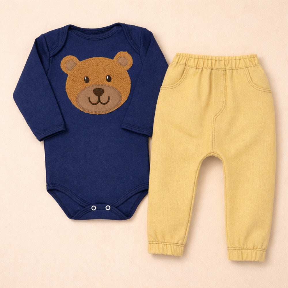 Conjunto Bebê Body Bordado Urso Marinho Com Calça Ecolinho